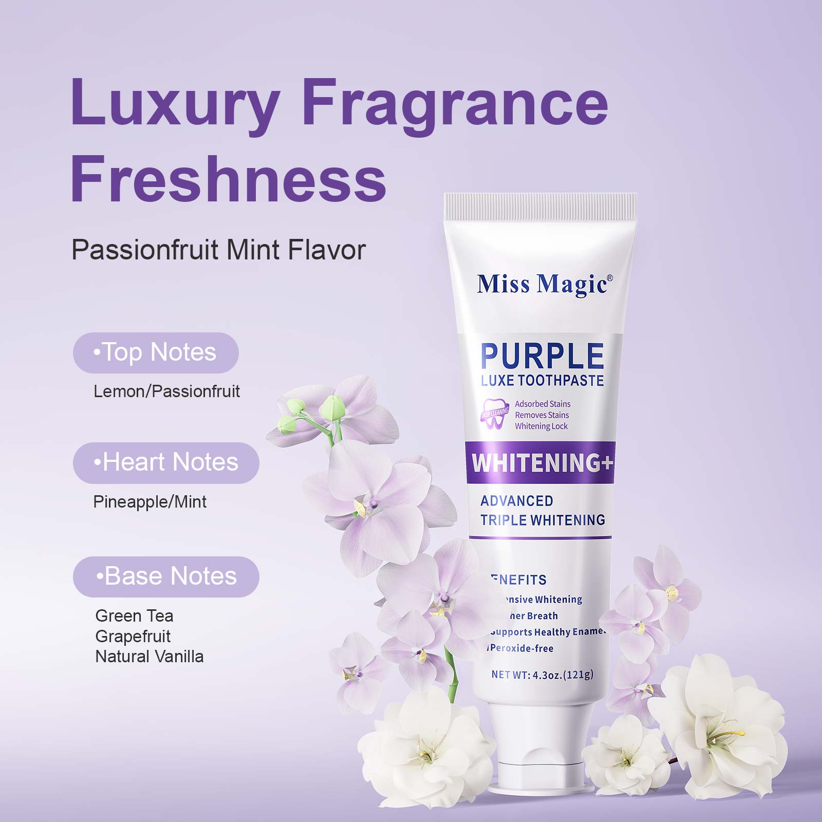 【Buy 1, Get 1 Free】Miss Magic Purple Toothpaste– Advanced Color-Correcting Whitening, Stain Removal, Long-Lasting Fresh Breath, Brightens Yellow Teeth, Supports Oral Health